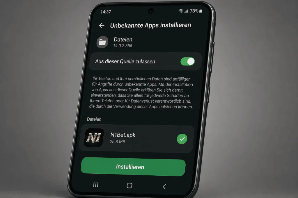 Android-Sicherheitseinstellungen erlauben die Installation der N1Bet APK auf einem Smartphone - n1bets.ch