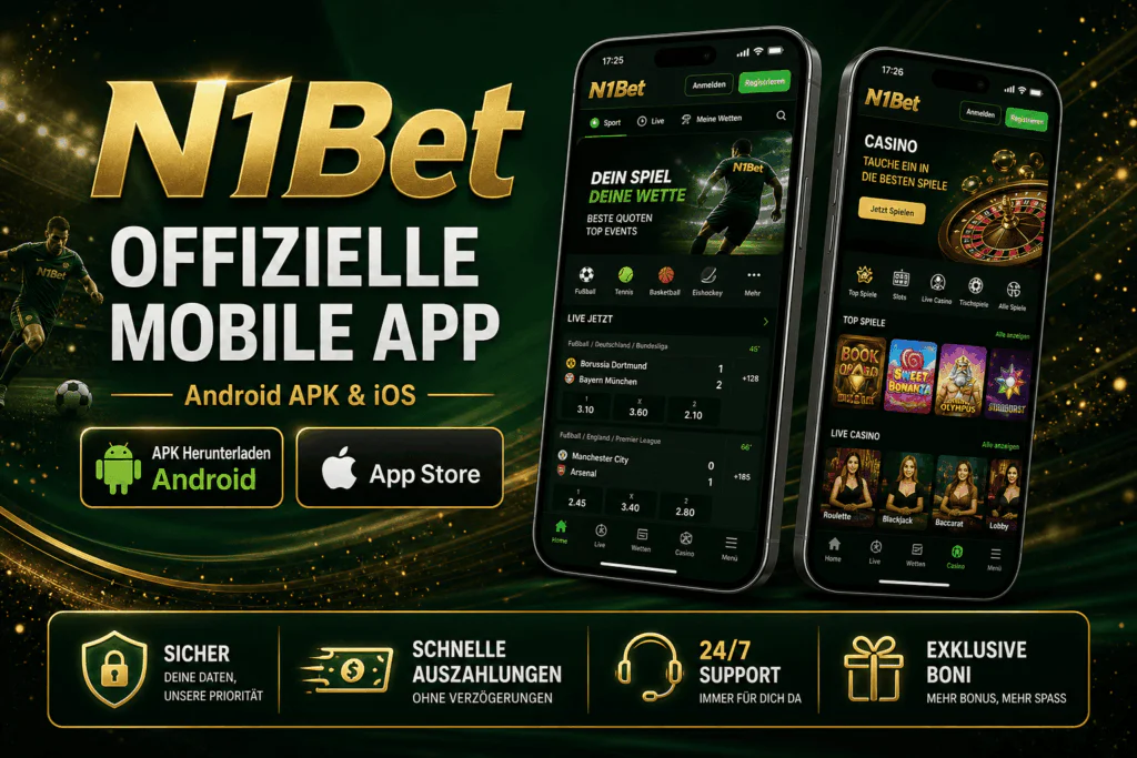 Offizieller N1Bet App-Download-Banner auf der N1Bet Casino Mobile App-Seite - n1bets.ch